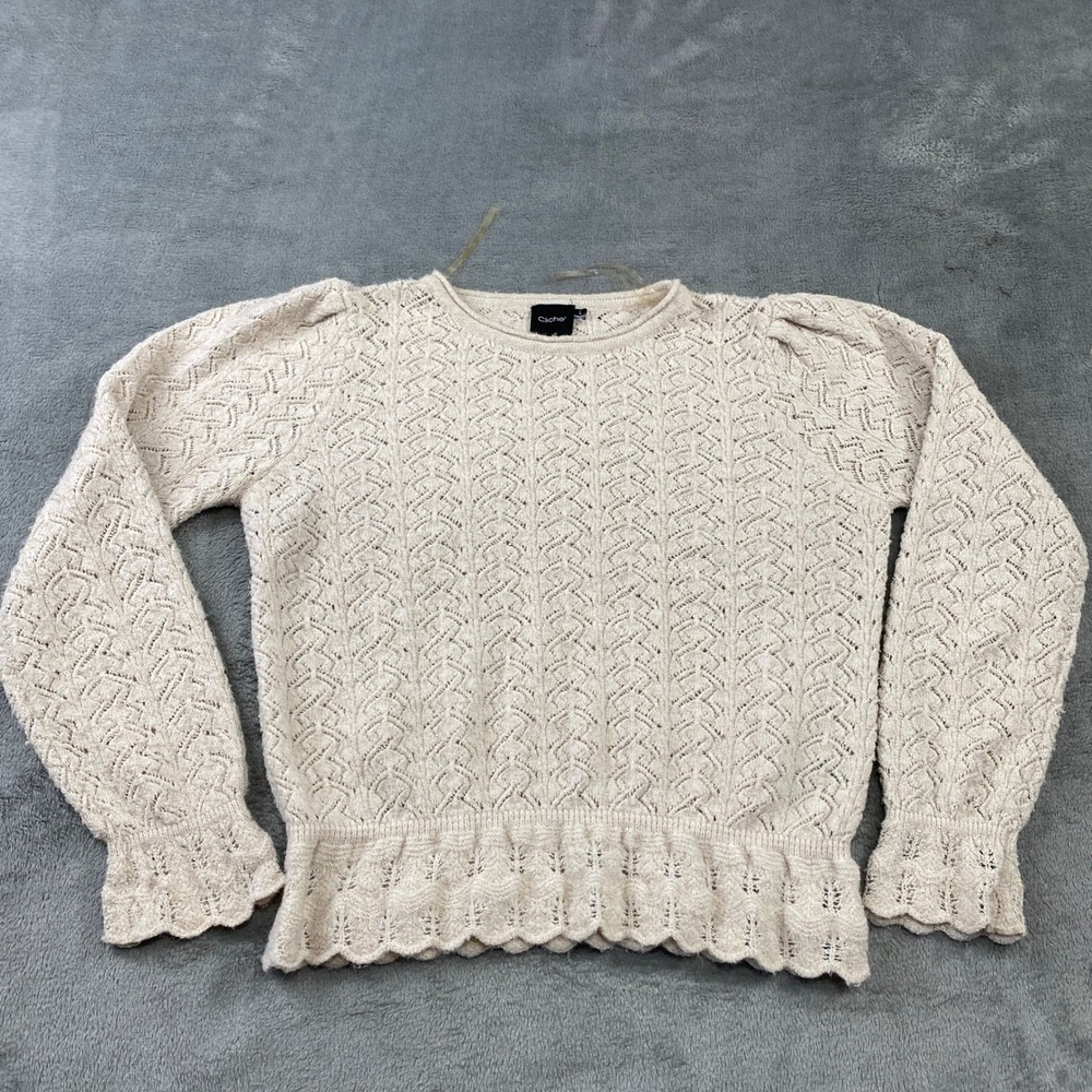 Cliche Sweater Womens Large Lace Knit‎ Puff Sleeve Peplum Beige Soft Boho